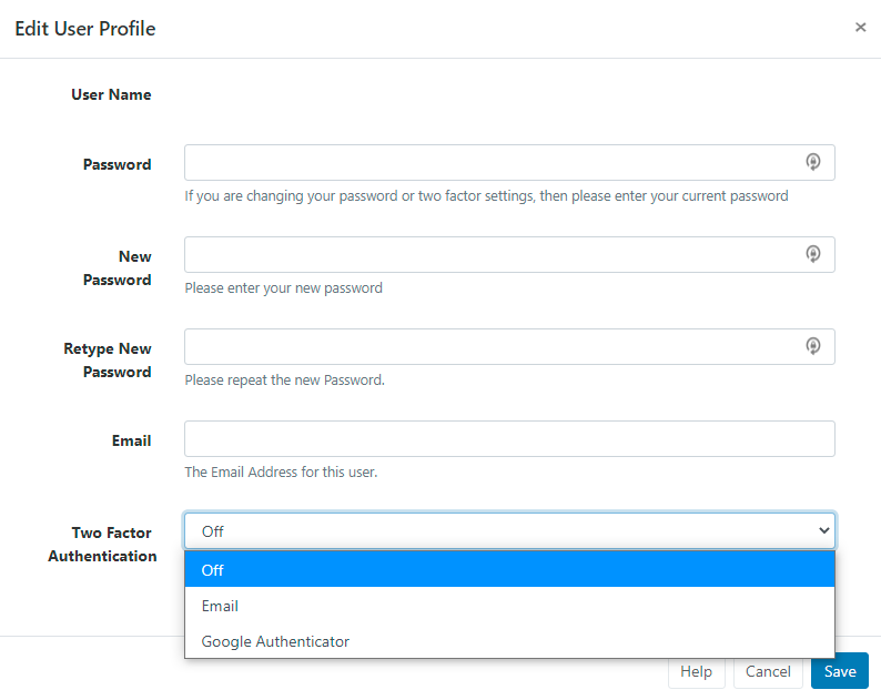 Two Factor dropdown menu